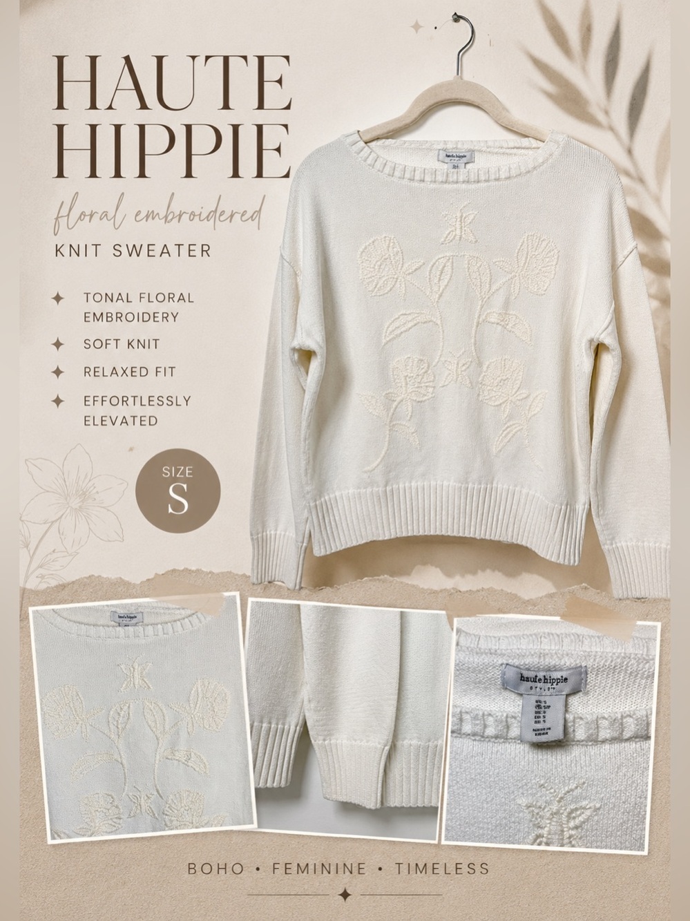 Haute Hippie White Floral Embroidered Knit Sweater Size S Boho Luxe